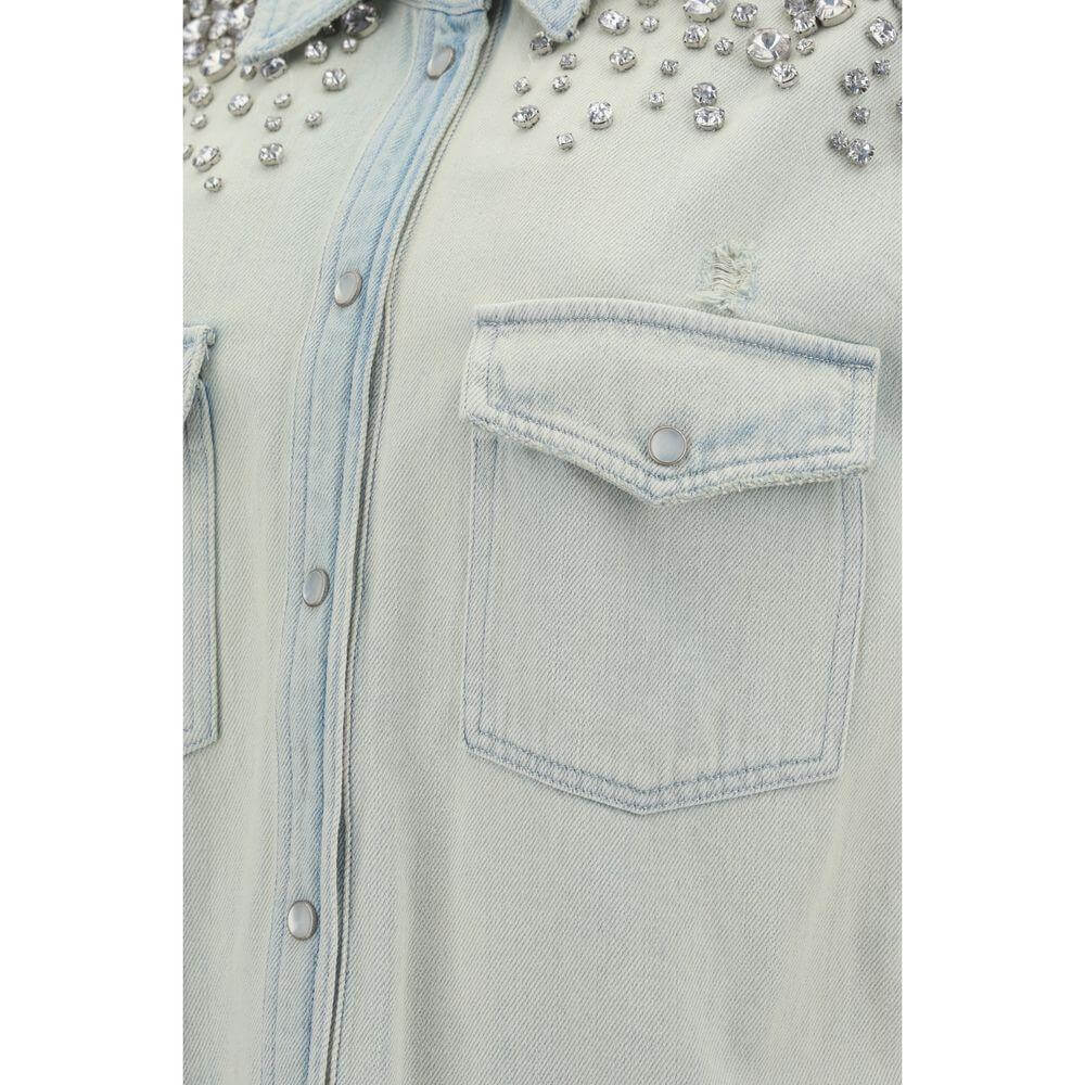 Close-up of Golden Goose boyfriend shirt with pearl snap buttons, beaded appliqués on shoulders, and two front patch pockets.