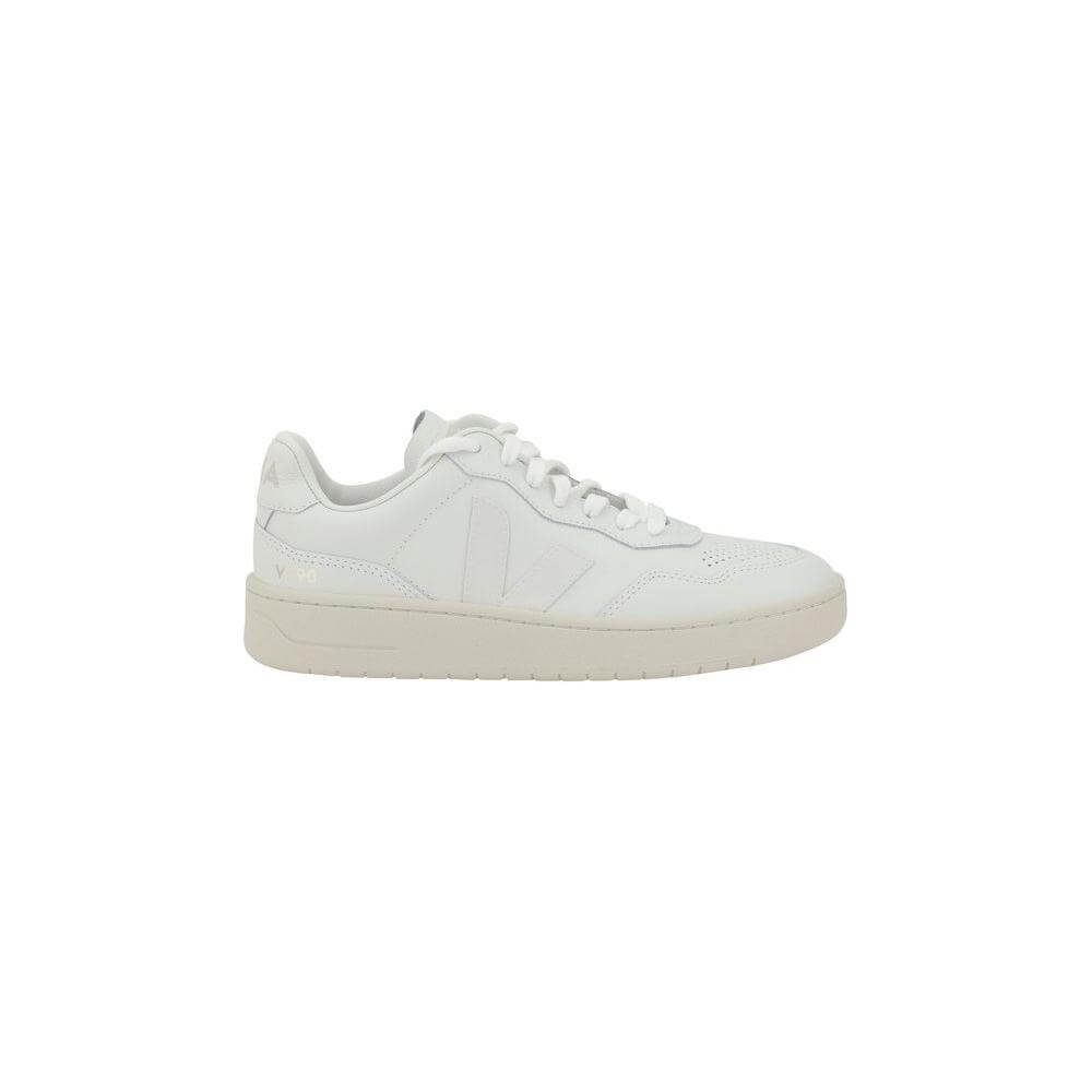 Alt Tag: Veja V-90 Sneakers in organic leather with round toe, lace-up closure, and V logo patch in white.
