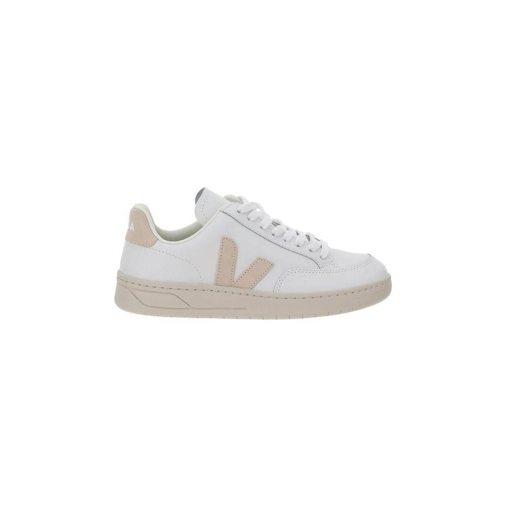 Veja V-12 Sneakers in white calfskin with contrasting logo and lace-up closure, featuring a round toe and beige heel counter detail.
