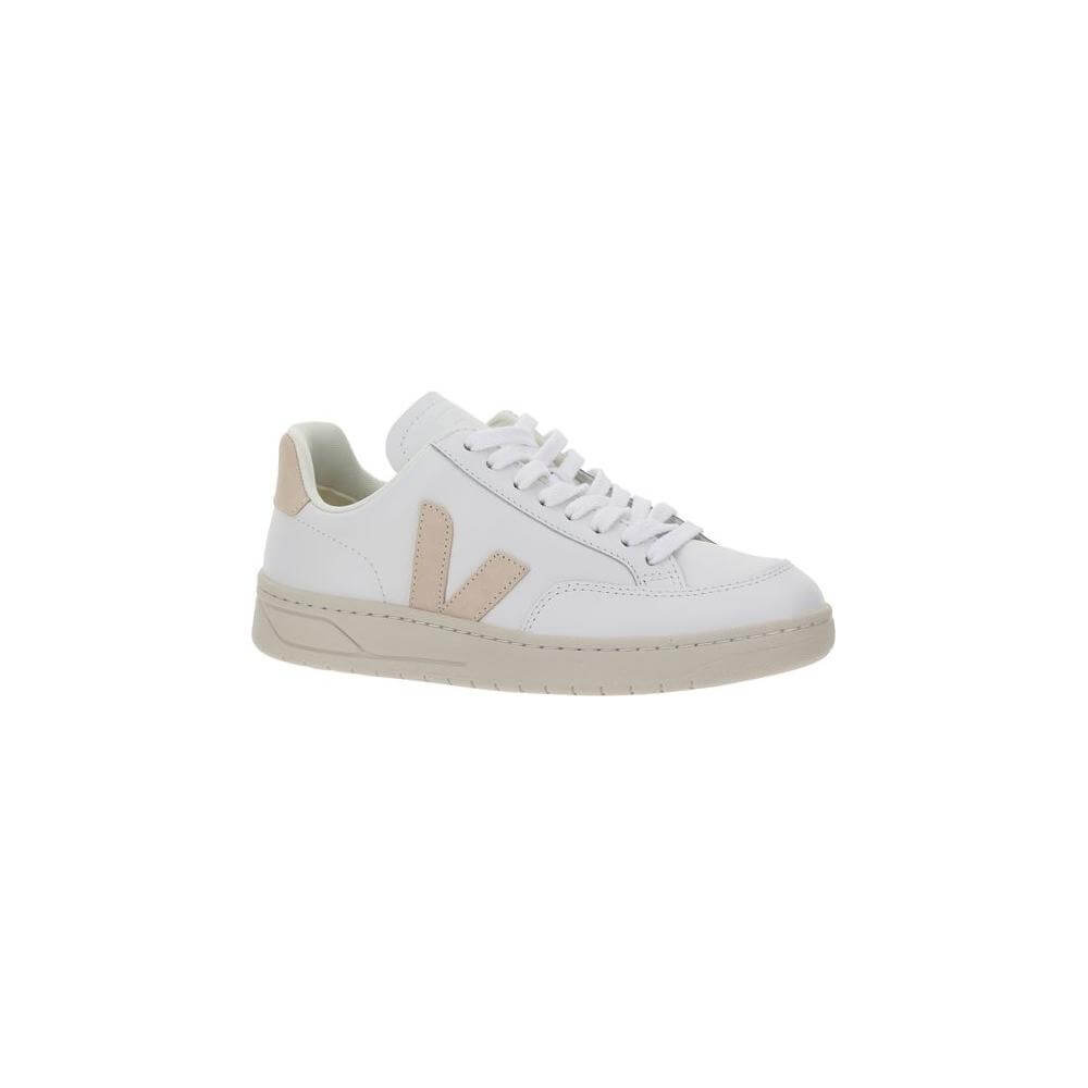 Veja V-12 Sneakers in white calfskin with lace-up closure, round toe, and contrasting logo on side panels