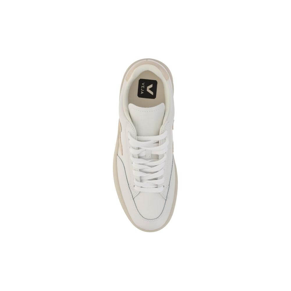 Top view of Veja V-12 Sneakers in white calfskin with lace-up closure and iconic brand logo on side panels and heel counter.