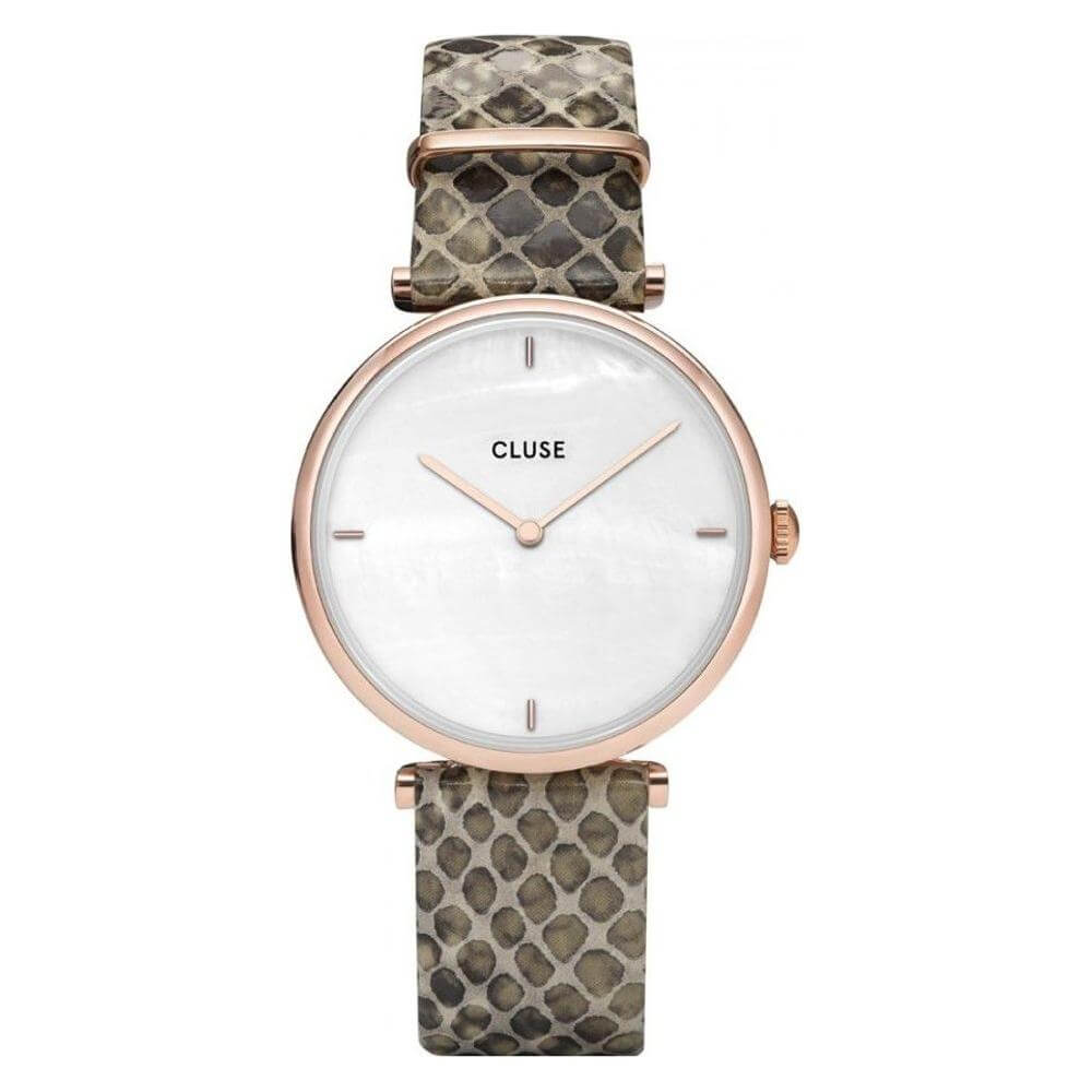 Cluse beige leather watch with quartz mechanism, analog display, pink stainless steel case, and 33mm white dial.