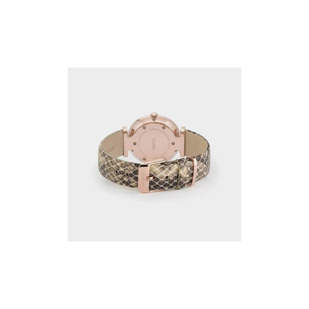 Back view of Cluse beige leather watch with pink stainless steel case and mineral glass, featuring a buckle closure and quartz mechanism.