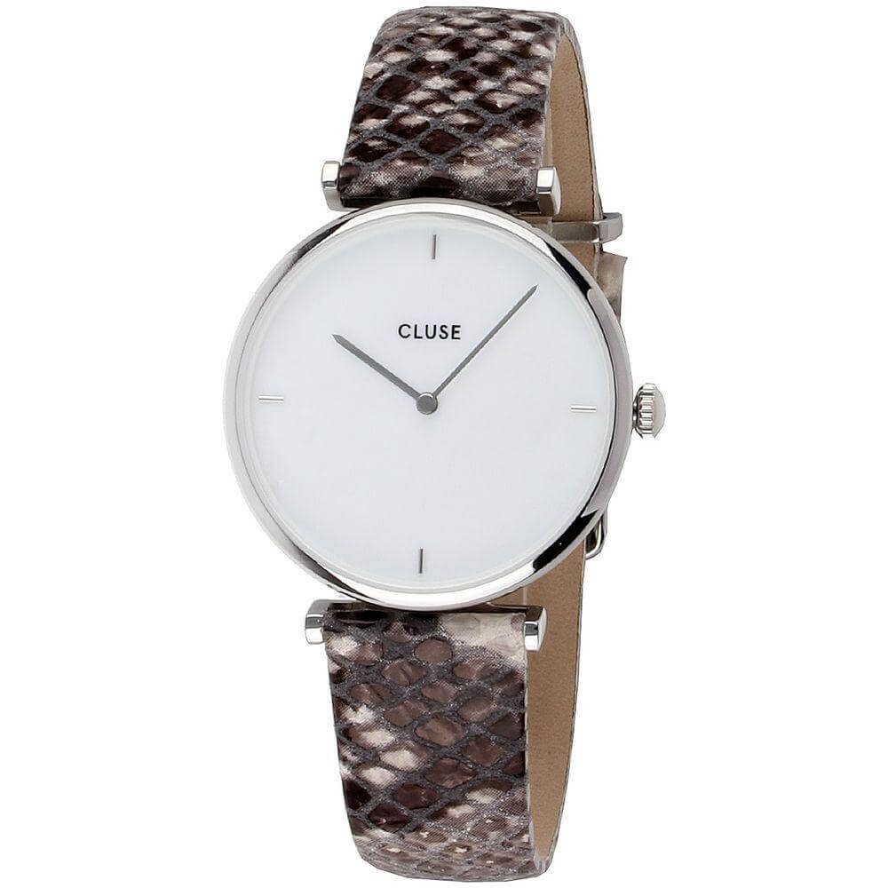 Cluse beige leather watch with quartz analog mechanism, silver stainless steel case, and white dial. Features mineral glass and 3 ATM resistance.