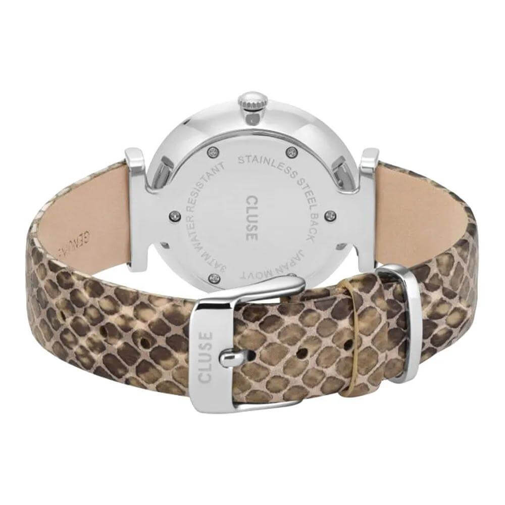 Back view of Cluse watch with beige leather strap and stainless steel case, showcasing buckle closure and detailed craftsmanship.