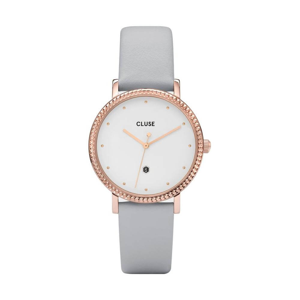 Cluse gray leather watch with stainless steel pink case, white dial, and mineral glass; analog quartz movement, 3 ATM water resistance.