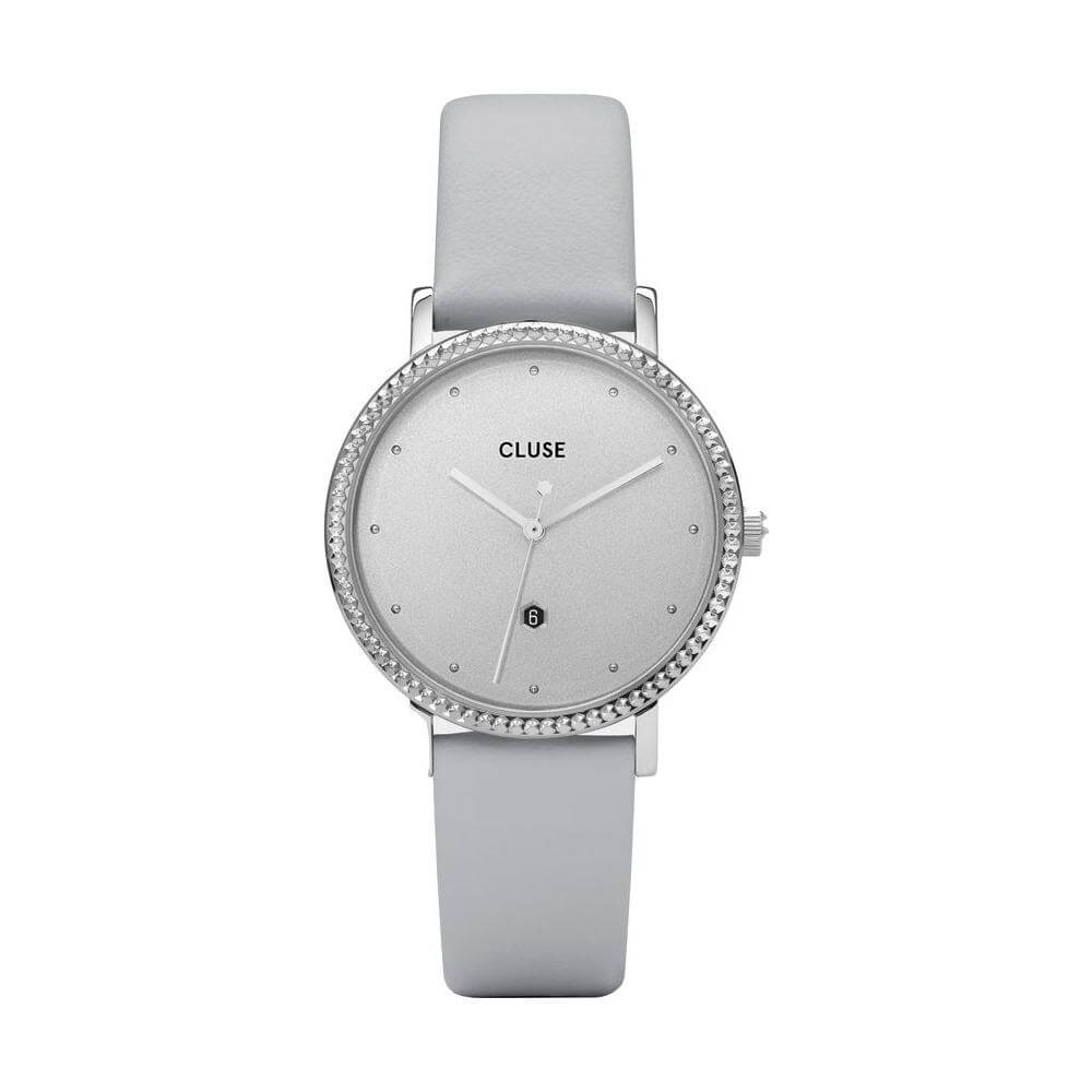 Cluse quartz analog watch with gray leather strap, silver stainless steel case, gray dial, mineral glass, and buckle closure.