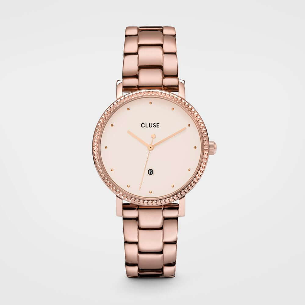 Cluse multicolor stainless steel watch with pink bracelet, quartz mechanism, analog display, and 33mm white dial.