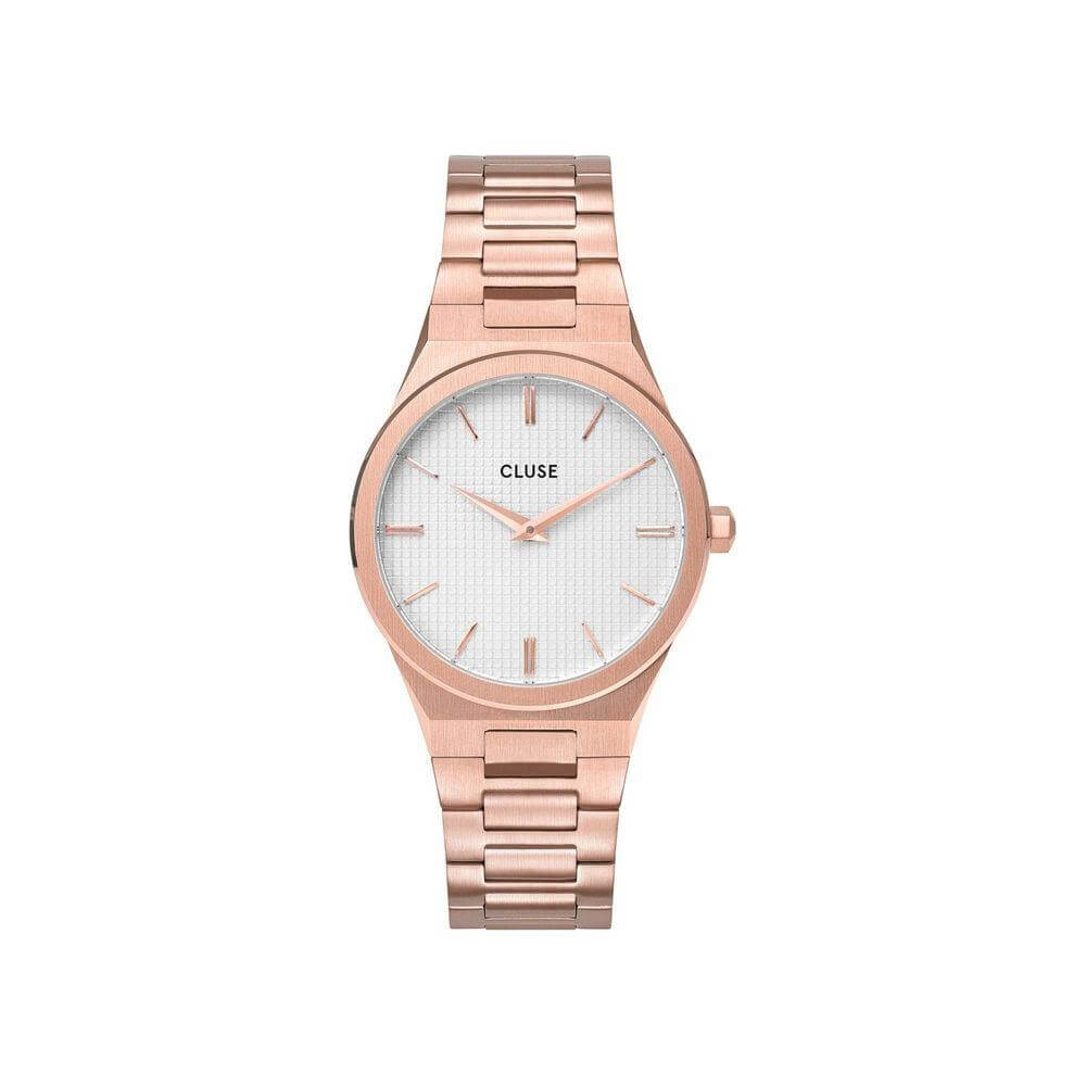 Cluse multicolor stainless steel watch with pink case, white dial, and pink bracelet, quartz analog, 33mm diameter, 3 ATM water resistance.