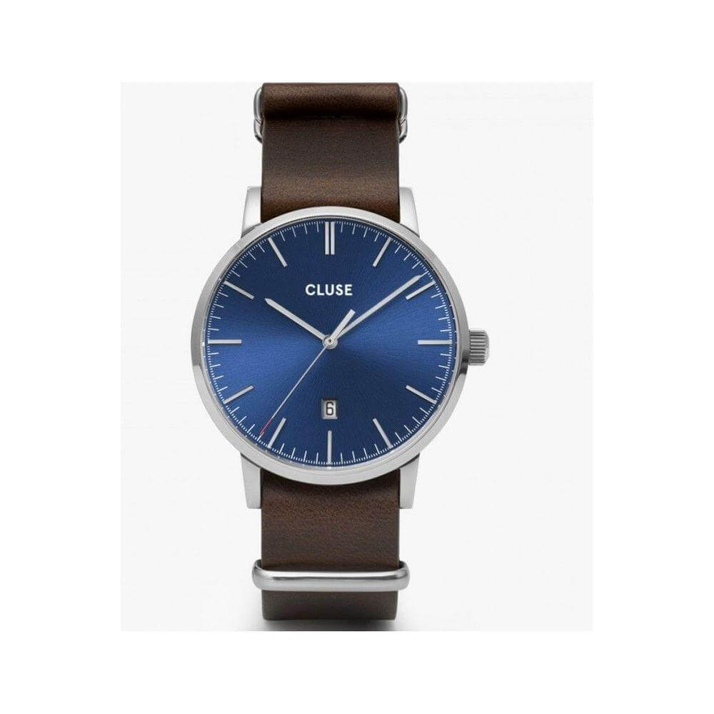 Cluse watch with blue dial, brown leather strap, quartz mechanism, and silver stainless steel case.