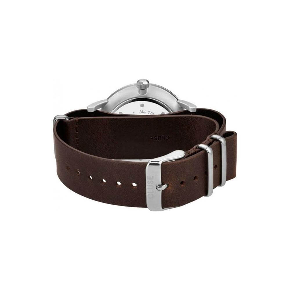 Back view of Cluse brown leather watch with silver stainless steel case and buckle closure.