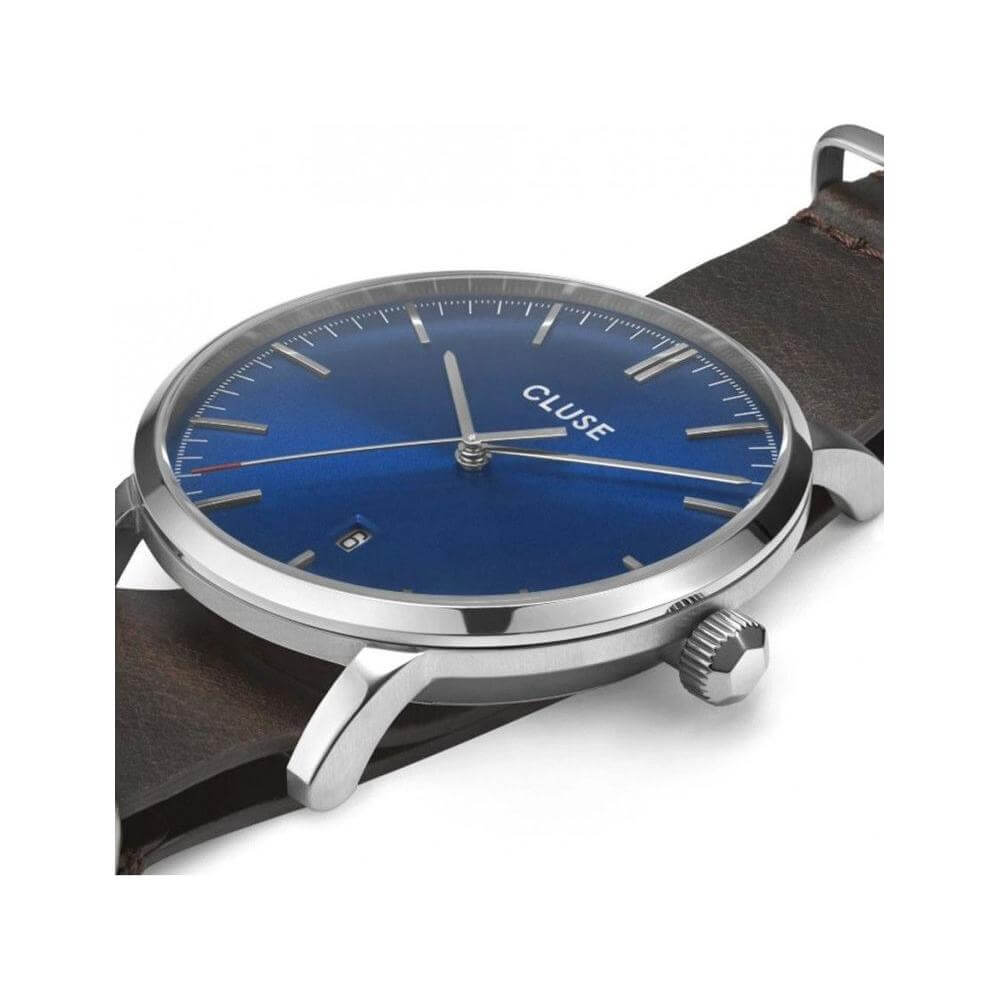 Cluse Brown Leather Watch with Blue Dial, Silver Stainless Steel Case, Quartz Movement, Analog Display, and Buckle Clasp