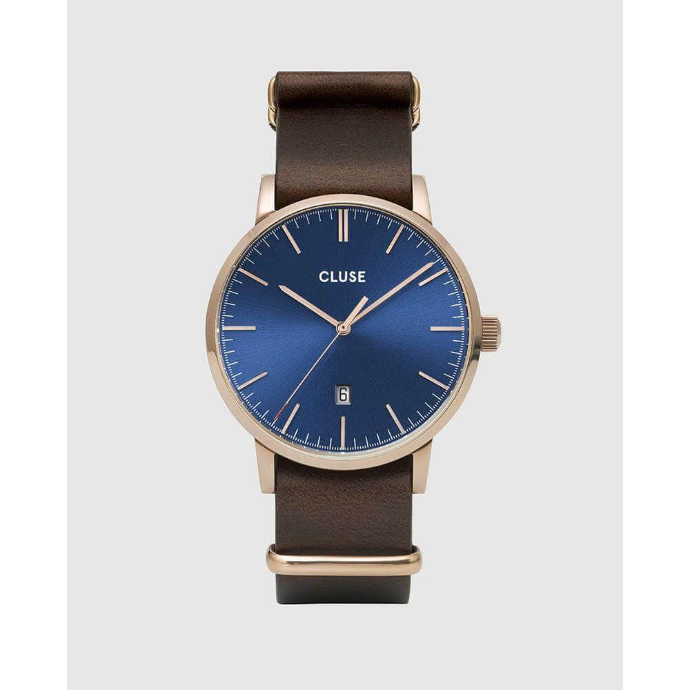 Cluse Brown Leather Watch with blue dial, quartz movement, stainless steel case, and buckle closure. Water resistance 3 ATM, 40mm diameter.
