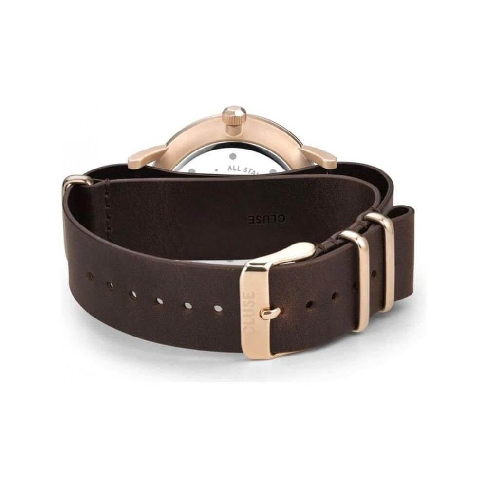 Cluse brown leather watch with stainless steel pink case and mineral glass, featuring a classic buckle closure. View of the back.
