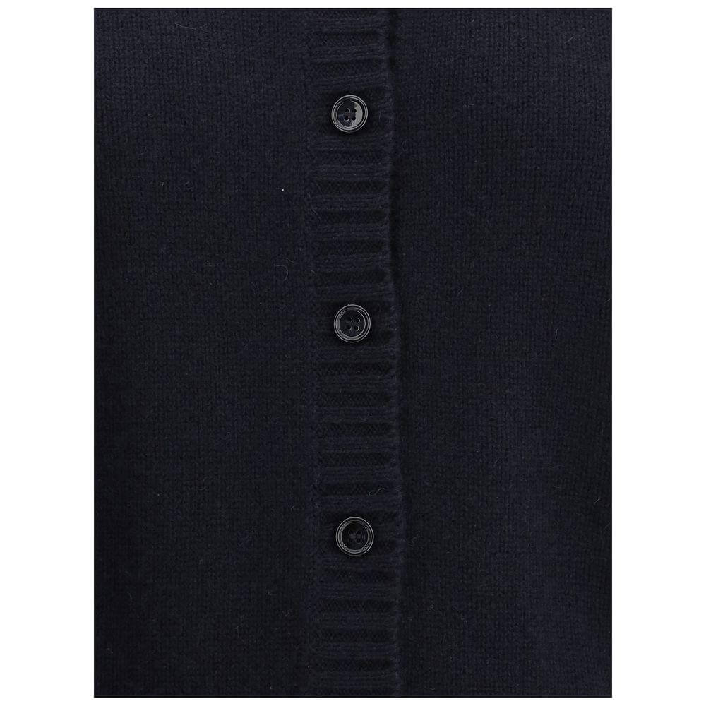 Close-up of a black Allude Cashmere Cardigan showing ribbed details and front button closure. Luxurious soft cashmere fabric.