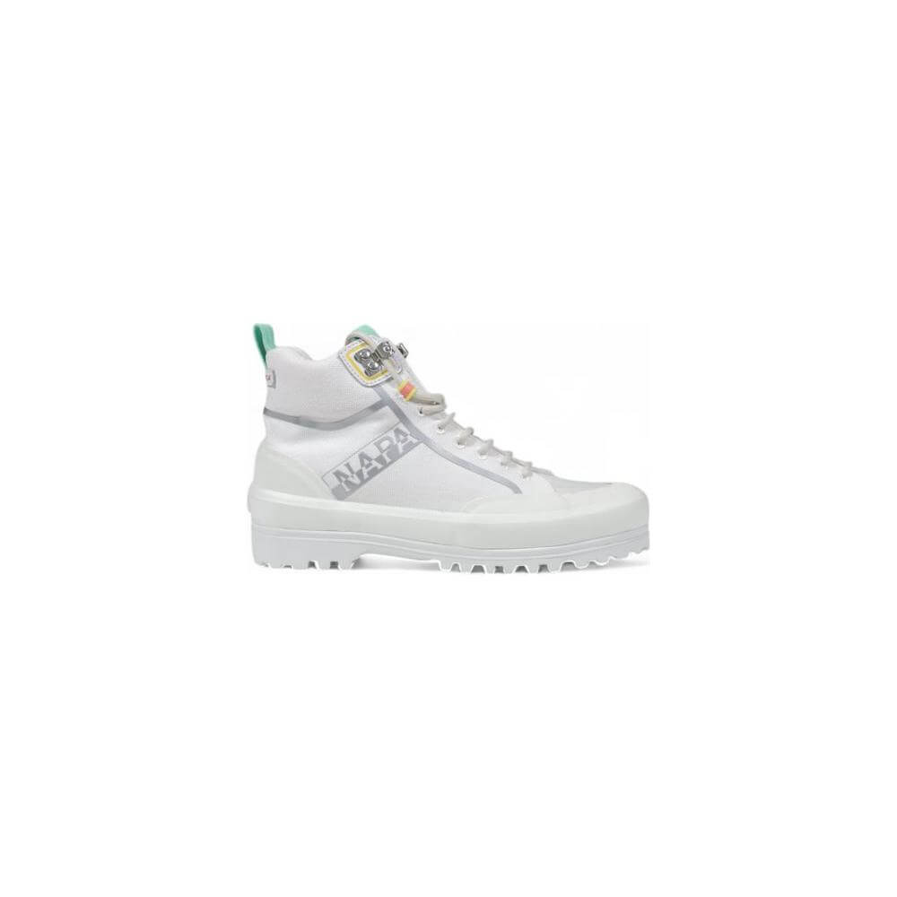 White high-top sneaker with rugged sole, featuring a side logo design, part of the autumn/winter women's collection.