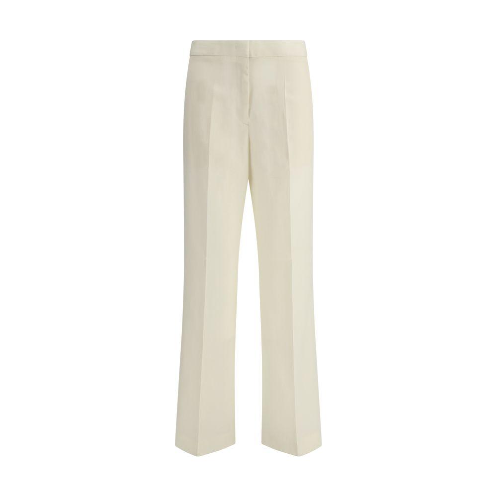 Fabiana Filippi virgin wool pants in beige with flare leg and mid-rise waist, featuring zipper-and-hook closure and welt pockets.