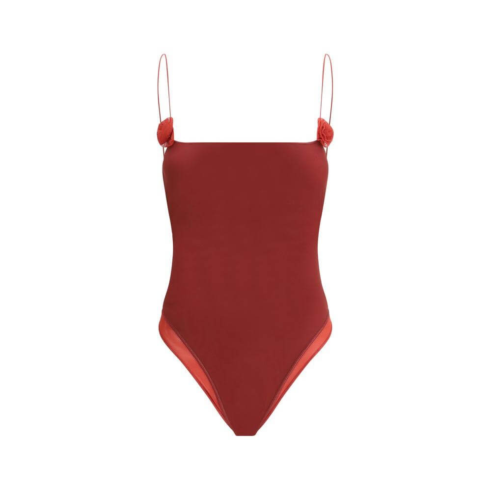 Oséree Rose Swimsuit, one-piece with thin straps, 3D rose appliqués, tone-on-tone semi-transparent design, elegant and feminine.
