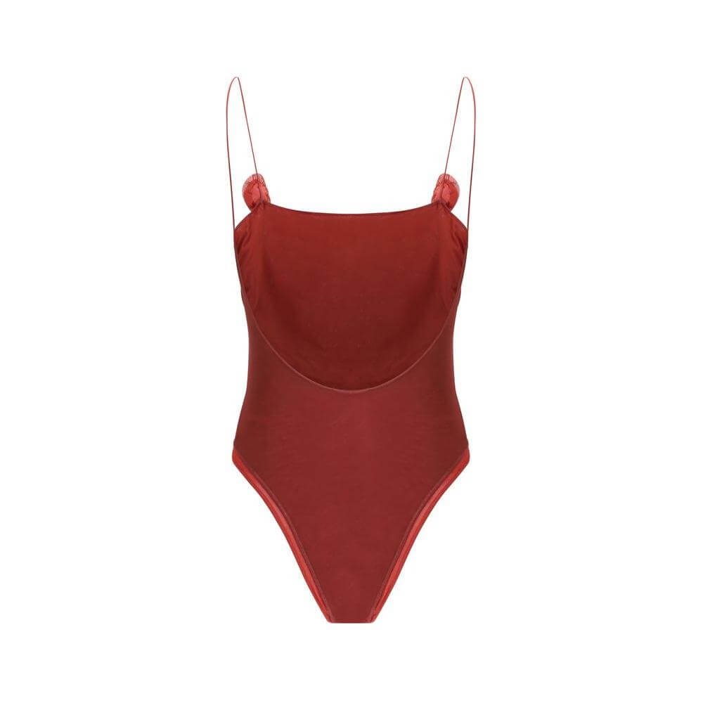 Oséree Rose Swimsuit featuring 3D rose appliqués, thin straps, and a double layer tone-on-tone semi-transparent design for a feminine look.