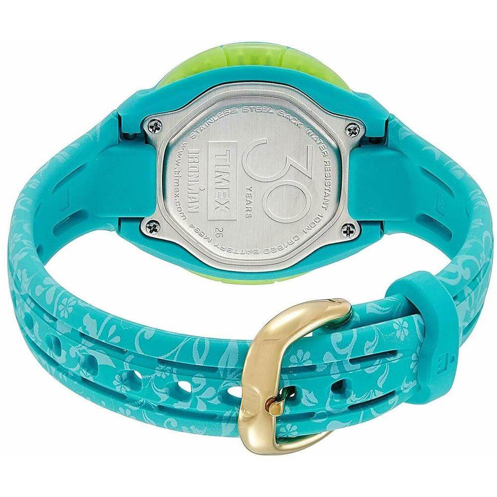 Back view of Timex Light Blue Synthetic Watch featuring a floral silicone bracelet and stainless steel 30th anniversary case.