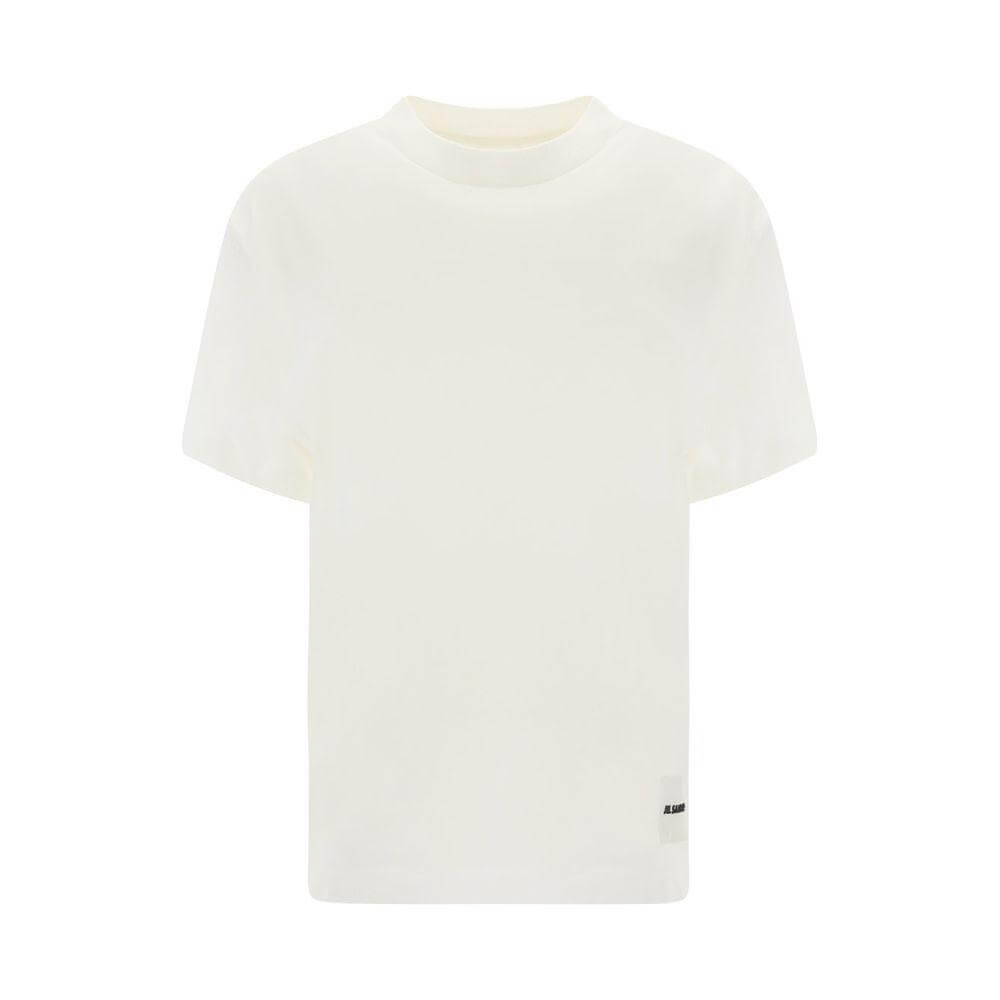 Jil Sander cotton T-shirt with ribbed crew neck and embroidered monogram patch, minimalist high-fashion design for a refined look.
