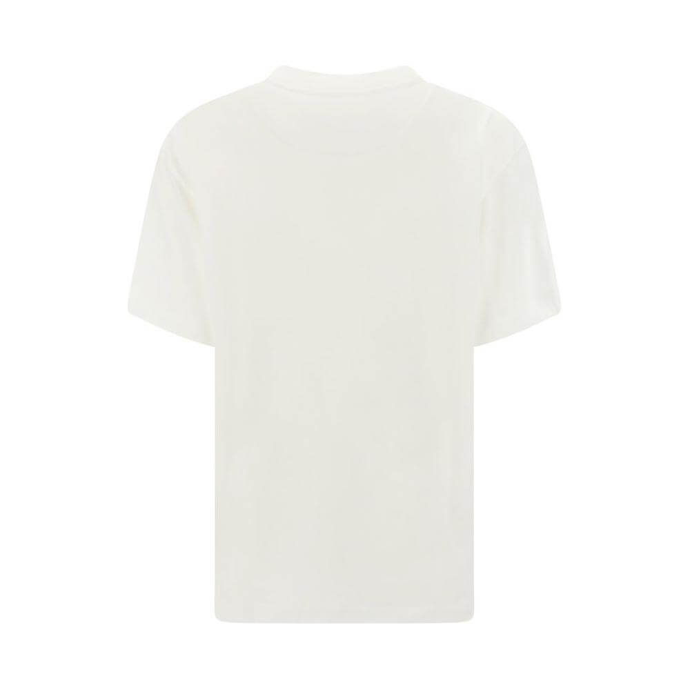 Jil Sander minimalist cotton T-shirt with ribbed crew neck and monogram patch, back view, showcasing simple high-fashion design.