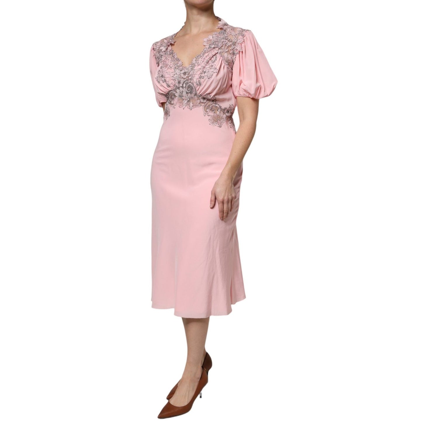 Ermanno Scervino Pink Floral Lace Short Sleeves V-neck Midi Dress DR281383-44