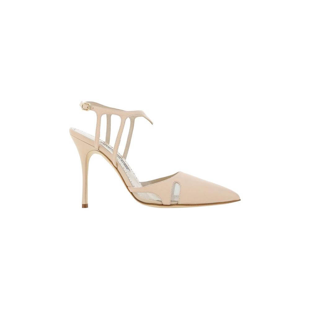 Manolo Blahnik Arcadia Fabio Pumps in calfskin with almond toe, leather stiletto heel, ankle strap, cut-out details.
