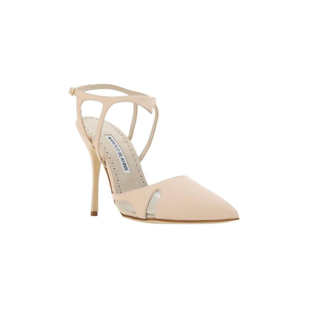 Manolo Blahnik Arcadia Fabio Pumps in calfskin with almond toe, cut-out upper, leather stiletto heel, and ankle strap.