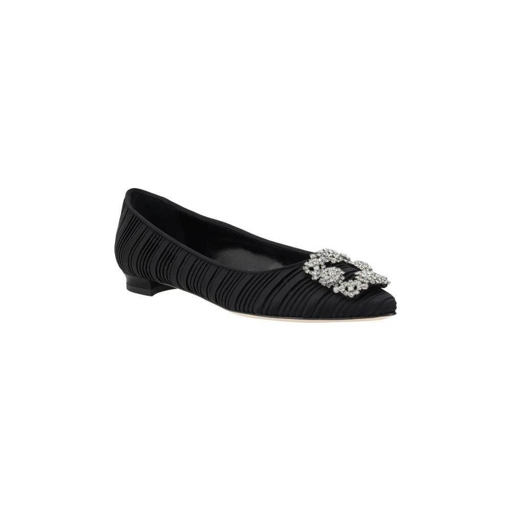 Manolo Blahnik Hangisiflat Ballerinas with almond toe and Swarovski jewel detail, black silk satin with pleated design and leather block heel.