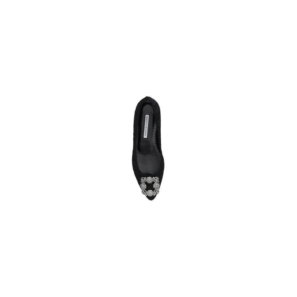 Top view of Manolo Blahnik Hangisiflat Ballerina with Swarovski jewel detail on almond toe in black silk satin.