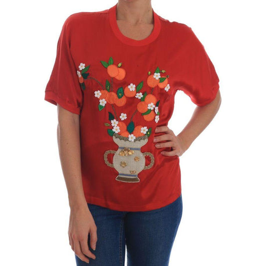 Dolce & Gabbana Red Silk Oranges Floral Crystal Blouse