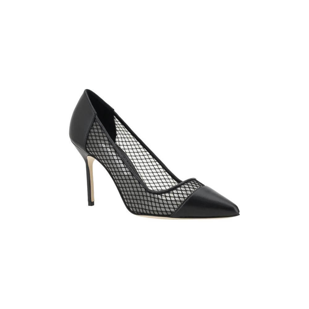 Manolo Blahnik Capcour Pump in black lambskin leather with mesh details, featuring an almond toe and stiletto heel.