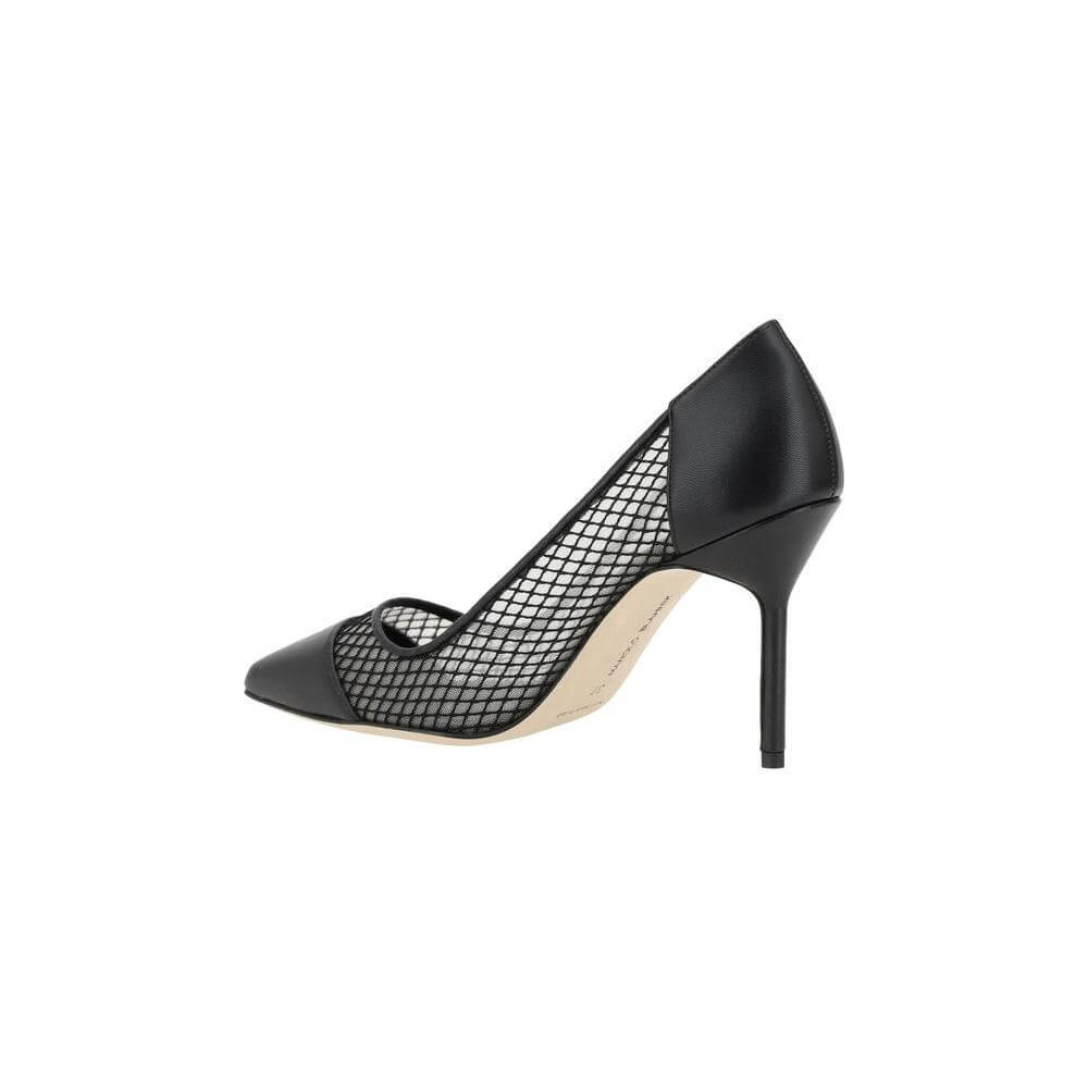 Manolo Blahnik Capcour Pumps in black lambskin leather with mesh details and almond toe, offering elegance and modern style.