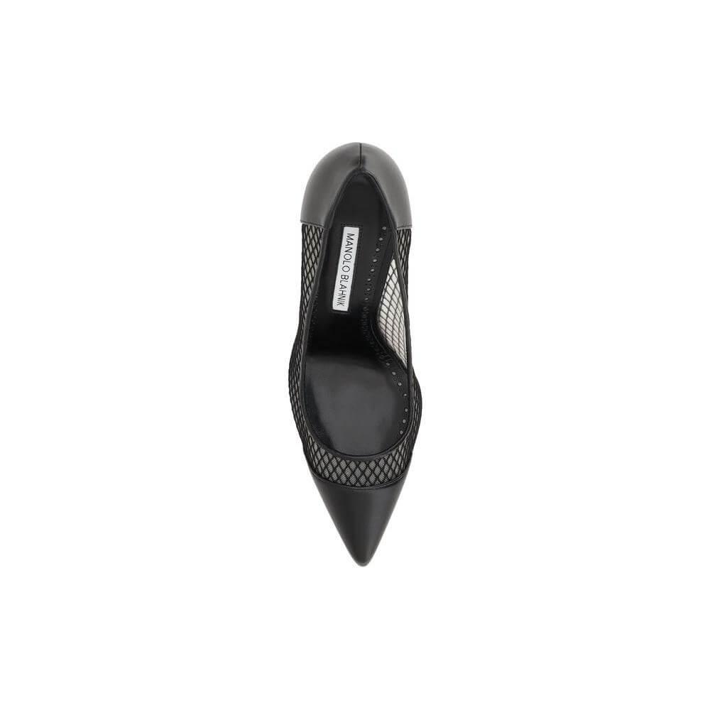 Manolo Blahnik Capcour Pump in black lambskin with almond toe and mesh details, top view.