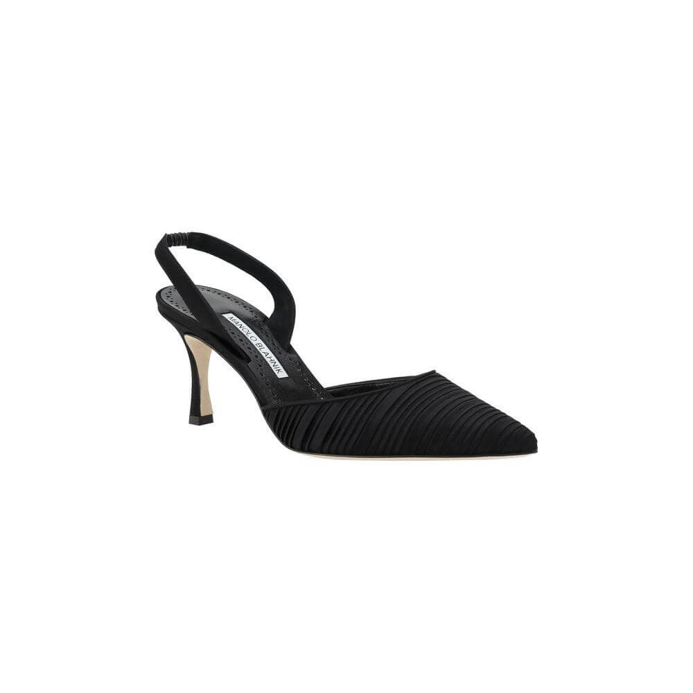 Manolo Blahnik Carolyne Pumps in black silk satin with pleated front band and elastic slingback for elegant, sleek style.