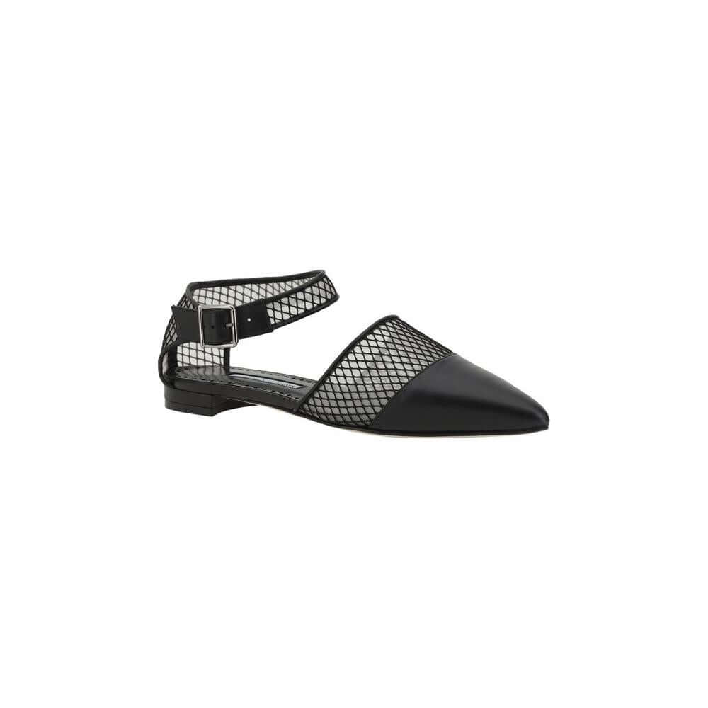 Manolo Blahnik Jatelahflat Ballerinas in black lambskin leather with almond toe, mesh details, and adjustable ankle strap.