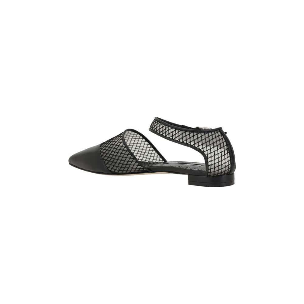 Side view of Manolo Blahnik Jatelahflat Ballerinas in black lambskin leather with mesh details and ankle strap.