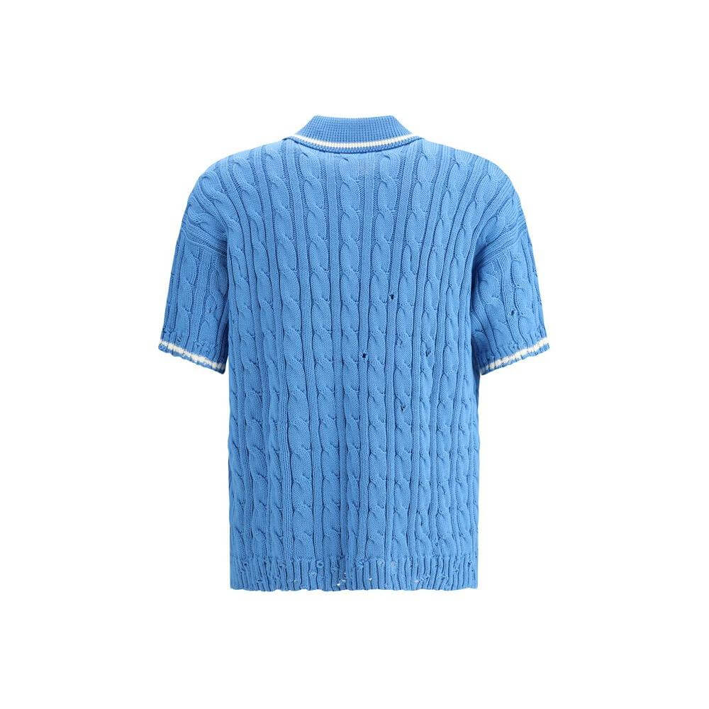Back view of Marni knit polo shirt in blue with cable-knit design, featuring a ribbed hem and classic collar, showcasing elegant craftsmanship.