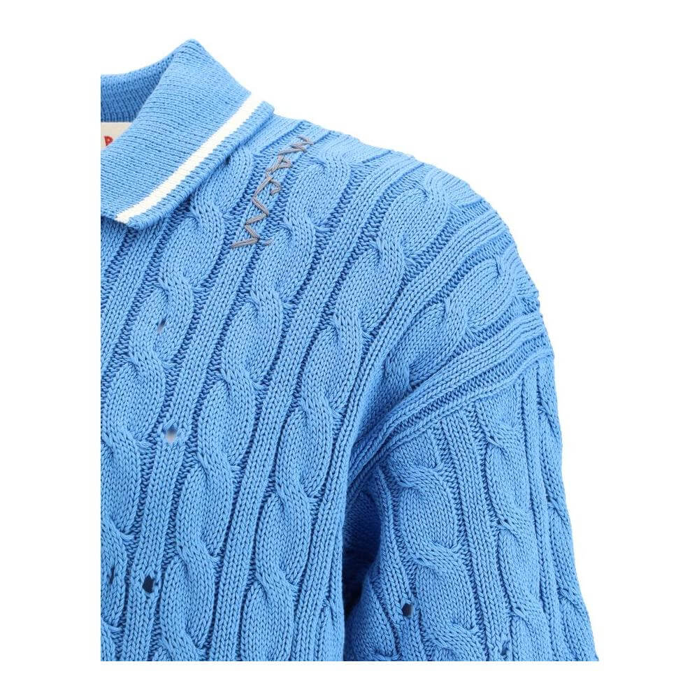 Blue Marni knit polo shirt with cable-knit weave and classic collar, detailing buttons on the front for a refined, sophisticated look.