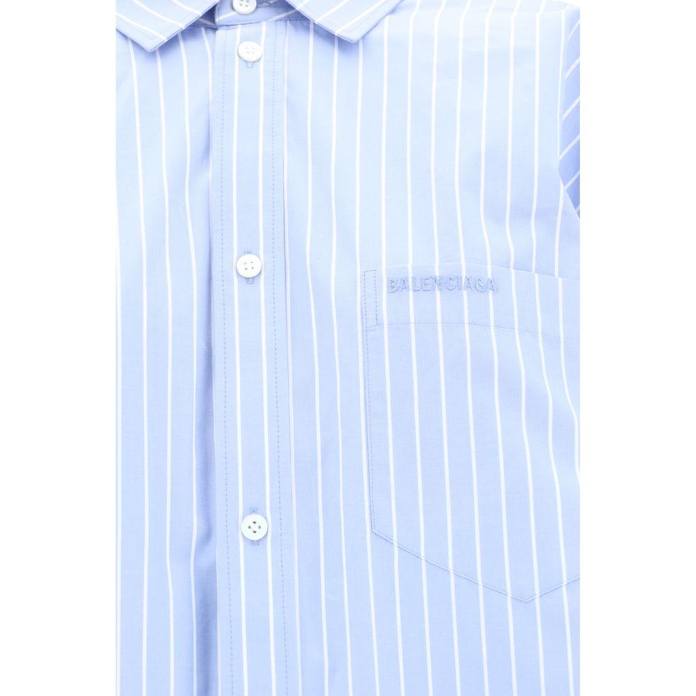 Balenciaga Asymmetric Shirt with classic collar, button closure, and pocket, featuring a blue striped pattern and oversized fit.