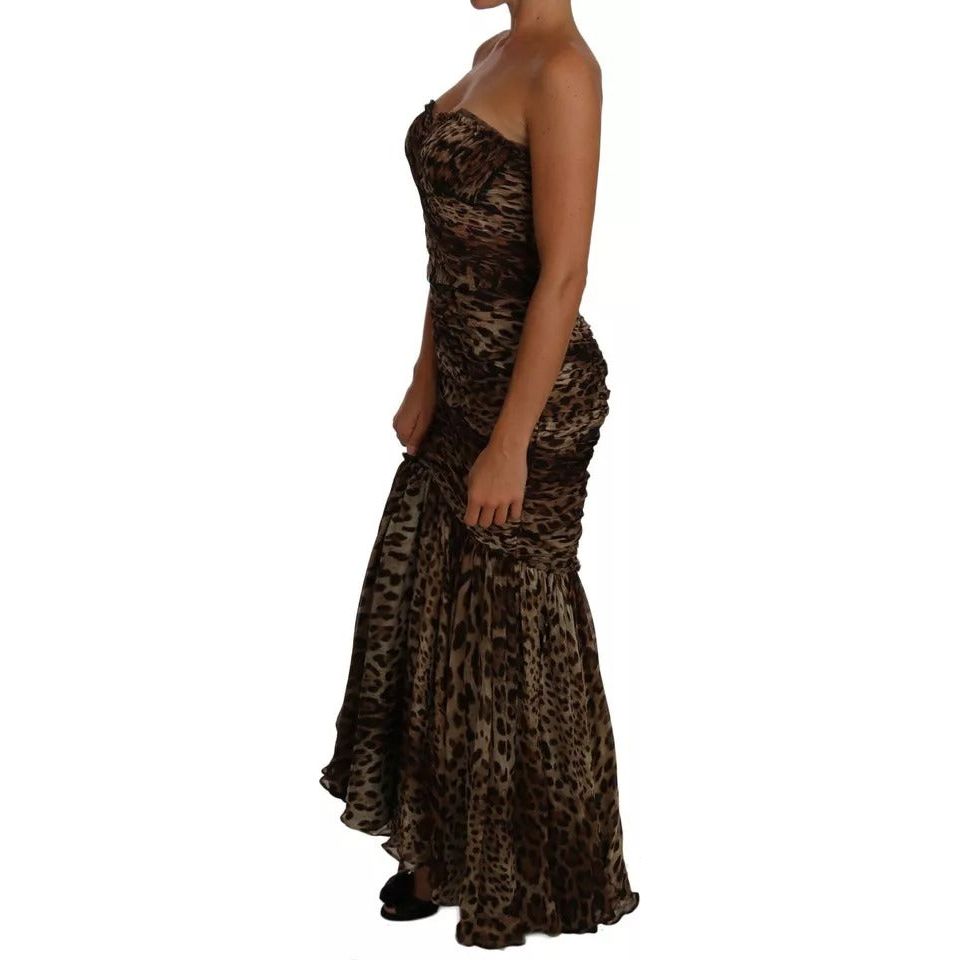 Dolce & Gabbana Brown Leopard Silk Chiffon Ruched Mermaid Maxi Dress DR1489-42