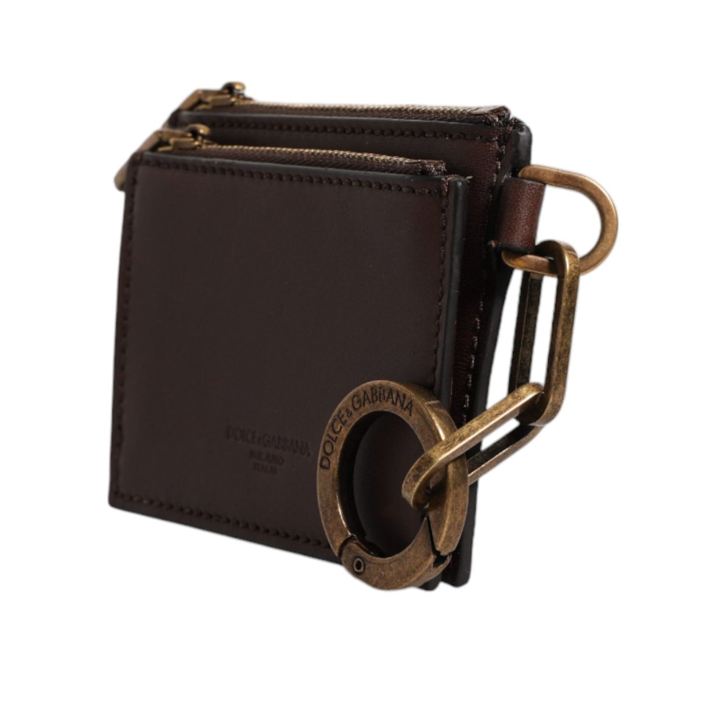 Dolce & Gabbana Brown Leather Zip Logo Keyring Coin Purse Keyring Wallet BAG4245