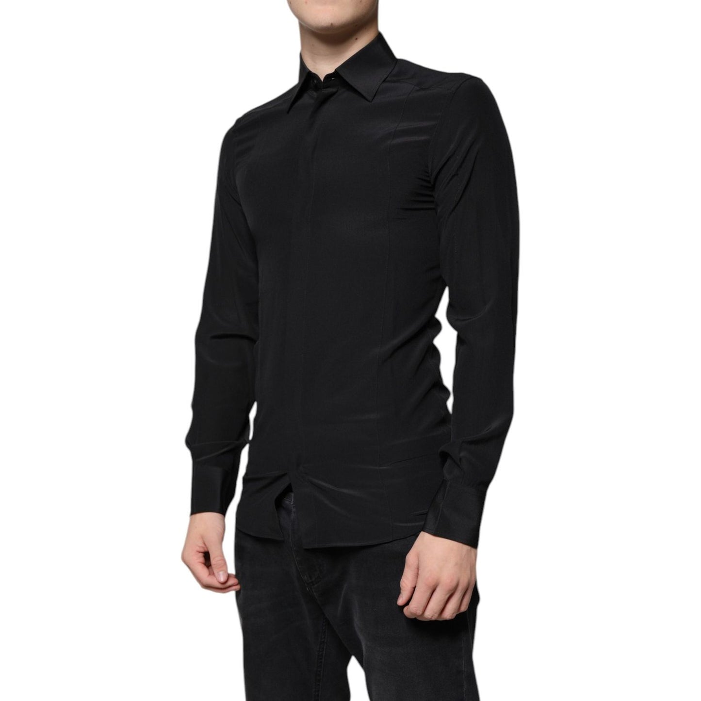 Dolce & Gabbana Black Silk Long Sleeves GOLD Dress Shirt TSH86761-37
