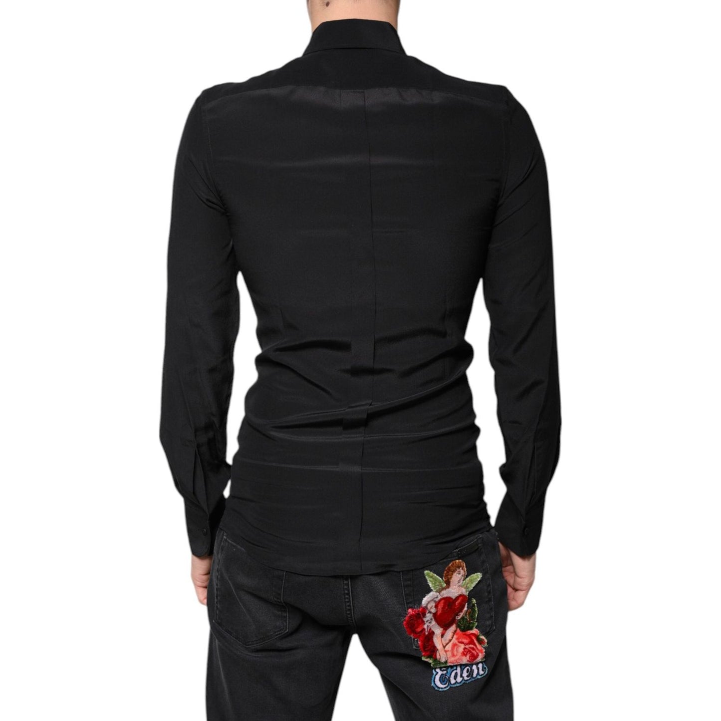 Dolce & Gabbana Black Silk Long Sleeves GOLD Dress Shirt TSH86761-37