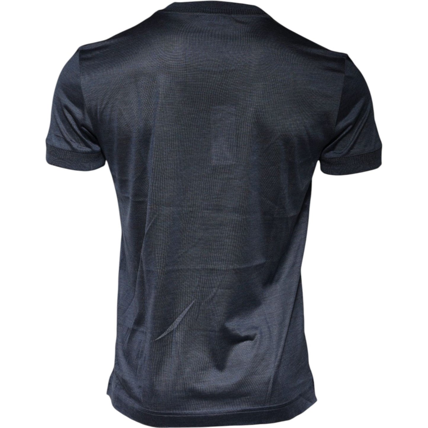 Back view of Dolce & Gabbana blue silk crew neck short sleeve t-shirt with logo details, made in Italy, regular fit.