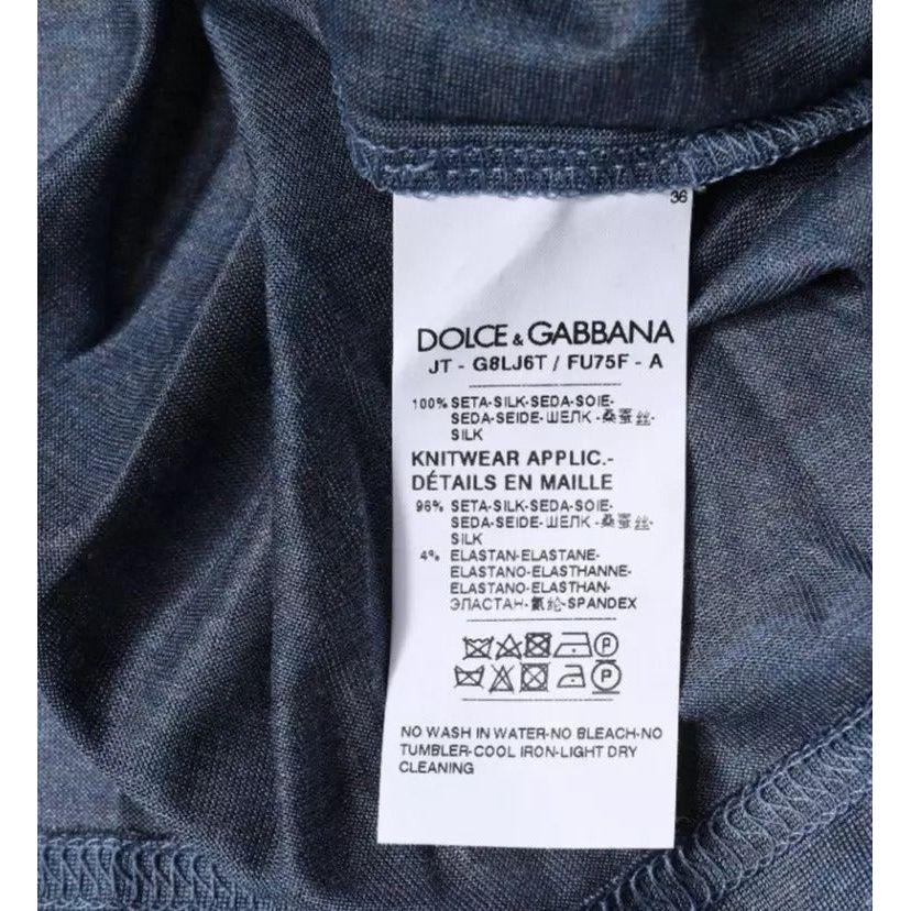 Dolce & Gabbana blue silk t-shirt label showing material and care instructions.