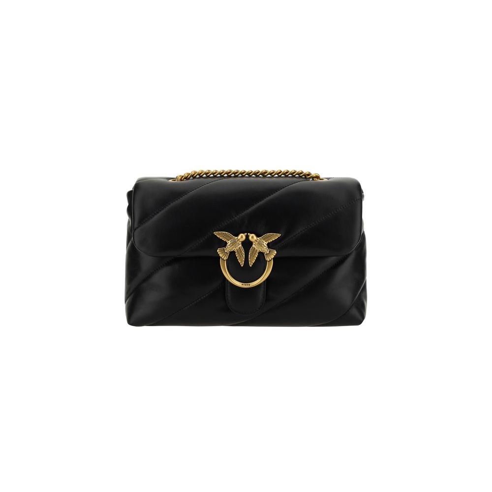 Pinko Love Classic Shoulder Bag with gold-plated Love Birds logo, quilted calfskin, and sliding chain strap.