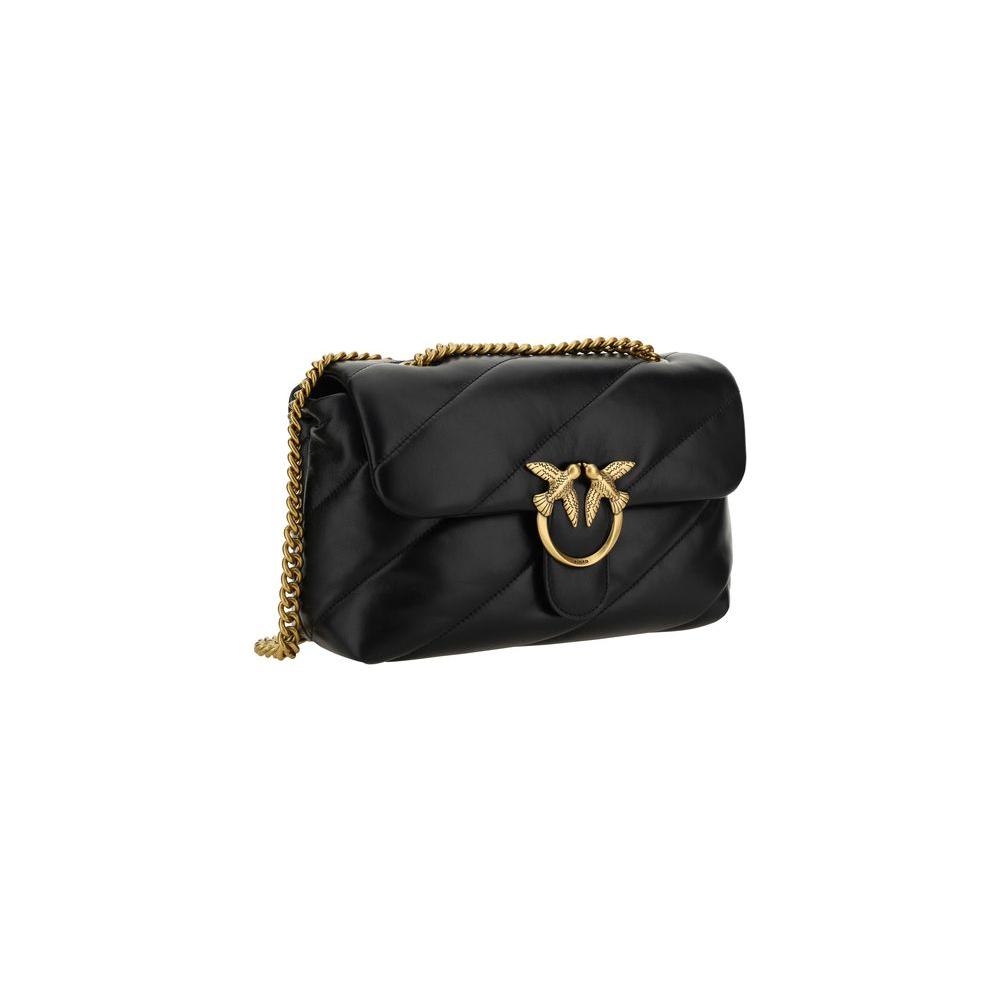 Pinko Love Classic Shoulder Bag in black calfskin with gold-plated Love Birds logo, quilted design, and chain strap.