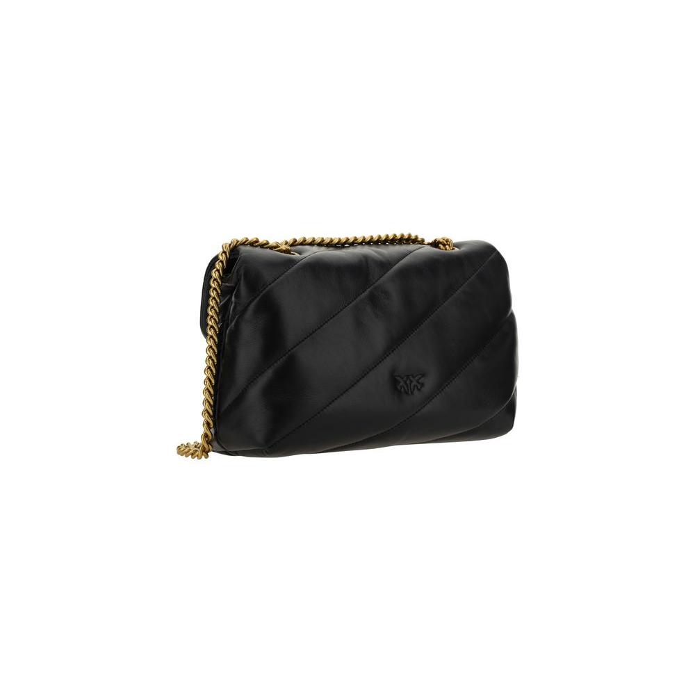 PINKO Love Classic Shoulder Bag in calfskin with gold chain strap and quilted design, featuring Love Birds logo on front.